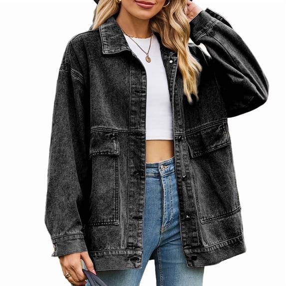 Women'S Button-Down Vintage Ripped Blue Denim Jacket Black Grey M