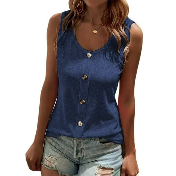 Women'S Button Front Tank Top 2025 Summer Casual Loose Fit Scoop Neck Sleeveless Tops Dark Blue XL