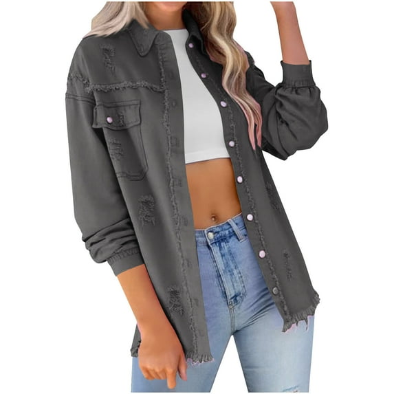 Women'S Button Down Jean Shirts Plus Size Plus Size Shacket Jacket Casual Lightweight Long Cardigan Long Sleeve Denim Ripped Frayed Fringe Hem Loose Dark Gray XL