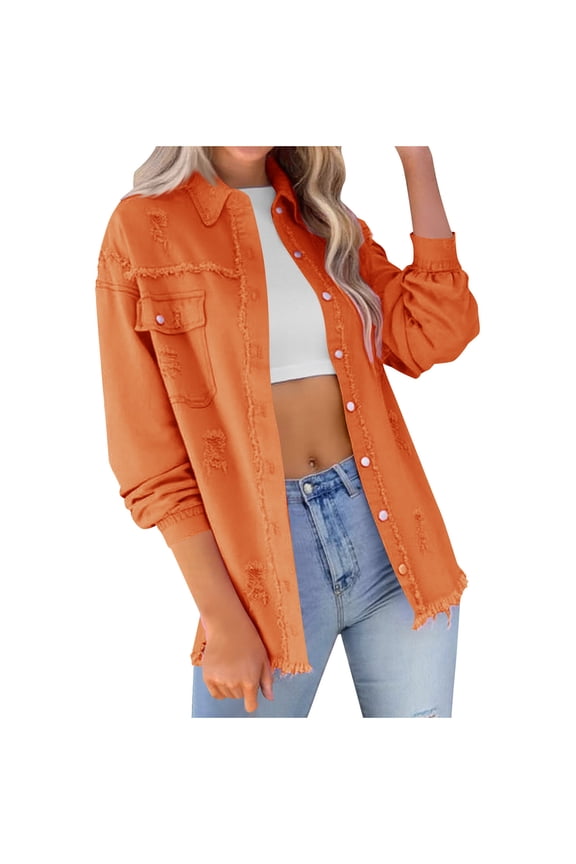 Women'S Button Down Jean Shirts Plus Size Plus Size Shacket Jacket Casual Lightweight Long Cardigan Long Sleeve Denim Ripped Frayed Fringe Hem Loose Orange XL