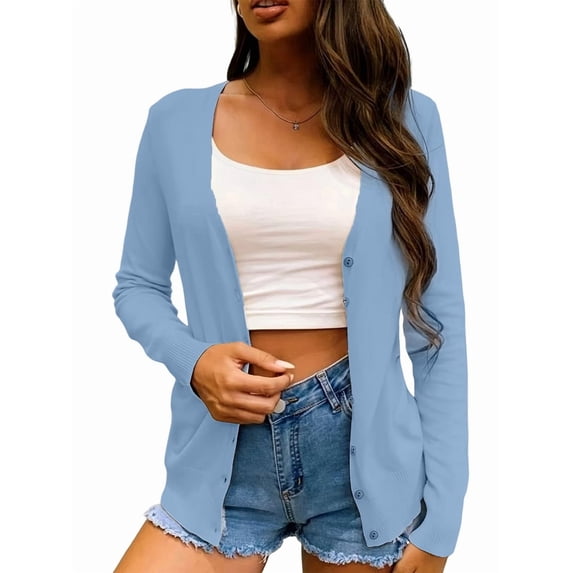 Women'S Button Knit Cardigan Long Sleeve Casual Soft Knit Cardigan Sweater Top Light Blue S