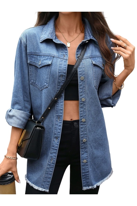 Women'S Button Up Frayed Hem Shacket Long Sleeve Pockets Denim Jean Jacket Deep Blue M