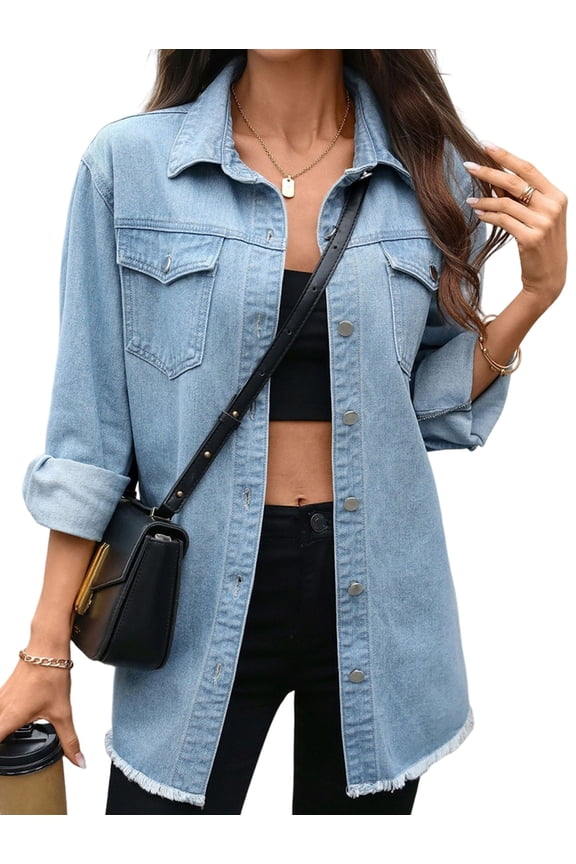 Women'S Button Up Frayed Hem Shacket Long Sleeve Pockets Denim Jean Jacket Light Blue L