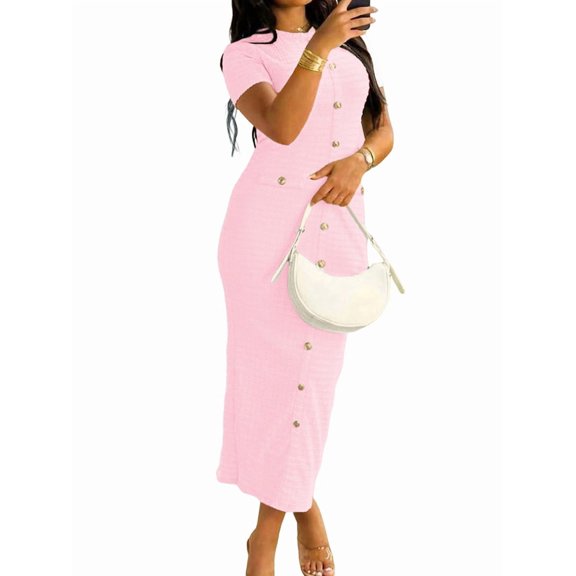 Women'S Button Up Pocket Textured Bodycon Midi Cocktail Work Dress Pink M