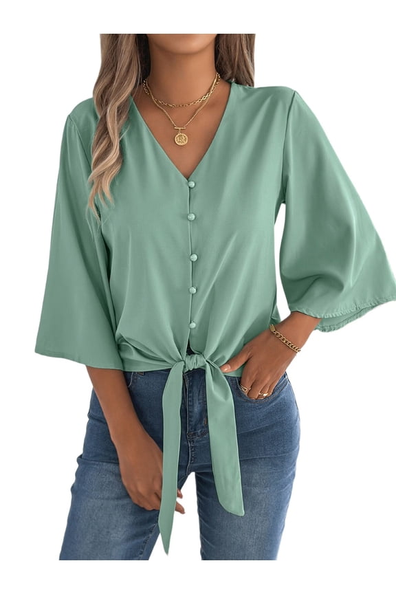 Women'S Button V Neck Chiffon Tops 3/4 Bell Sleeve Tie Knot Casual Blouses Loose Summer Shirts Mint Green M