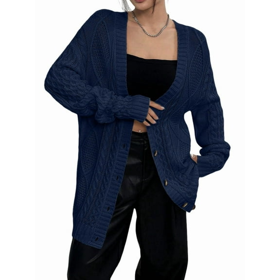 Women'S Cable Knit Cardigan Long Sleeve Open Front Button Down Knitwear Sweater Coat Navy Blue S