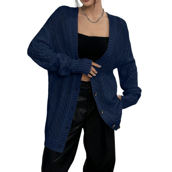 Women'S Cable Knit Cardigan Long Sleeve Open Front Button Down Knitwear Sweater Coat Navy Blue XL