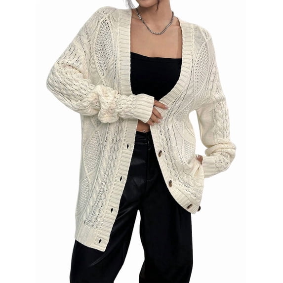 Women'S Cable Knit Cardigan Long Sleeve Open Front Button Down Knitwear Sweater Coat White L
