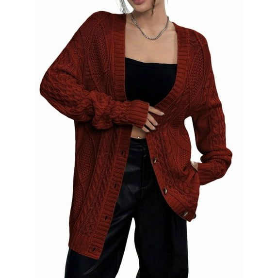 Women'S Cable Knit Cardigan Long Sleeve Open Front Button Down Knitwear Sweater Coat Wine Red XL