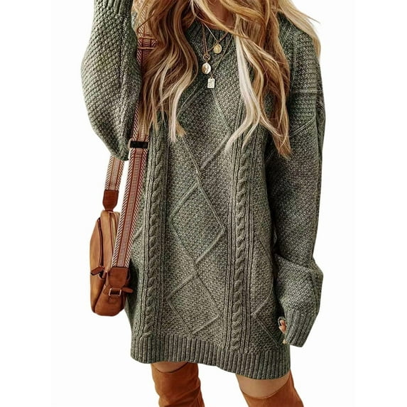 Women'S Cable Knit Casual Long Sleeve Loose Crew Neck Pullover Mini Sweater Dress Fall Winter Outfits Army Green S