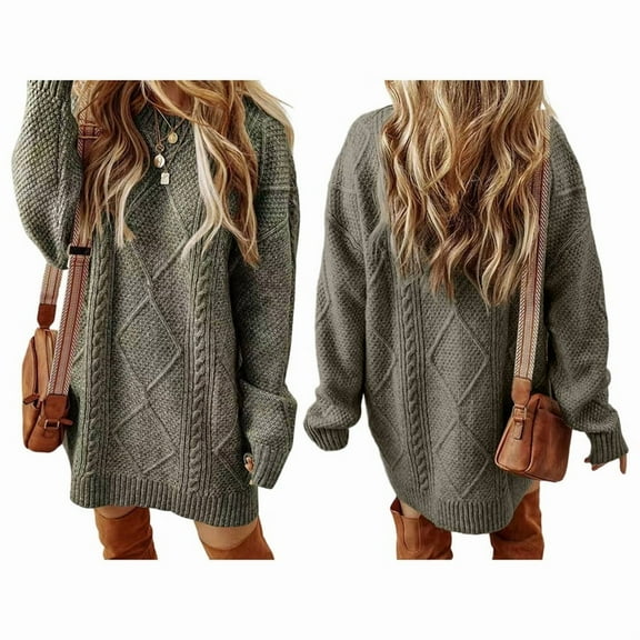 Women'S Cable Knit Casual Long Sleeve Loose Crew Neck Pullover Mini Sweater Dress Fall Winter Outfits Army Green S