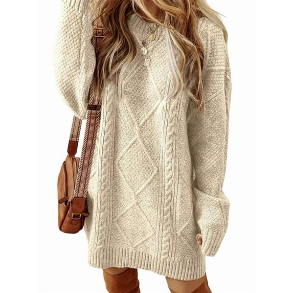 Women'S Cable Knit Casual Long Sleeve Loose Crew Neck Pullover Mini Sweater Dress Fall Winter Outfits White L