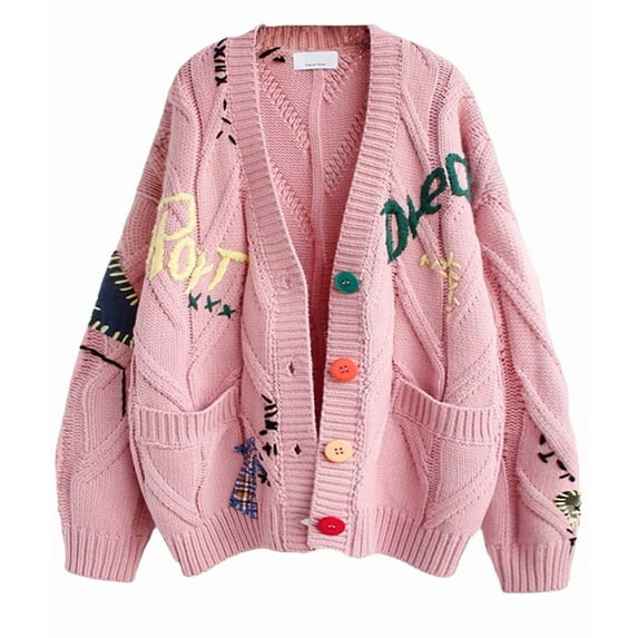 Women'S Cable Knit Long Sleeve Open Front Cardigan Sheep V-Neck Button Down Sweater Coat Outwear Pink XS