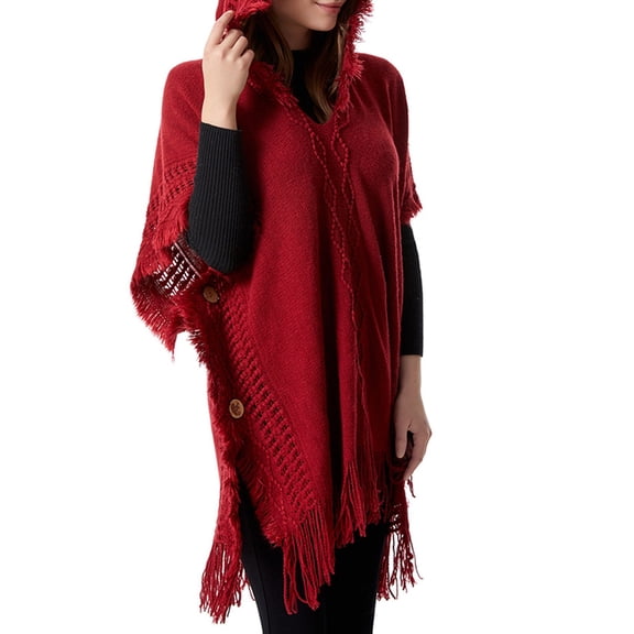 Women'S Cable Knit Poncho Sweater Casual Hooded Pullover Ponchos with Decorative Buttons Wine size