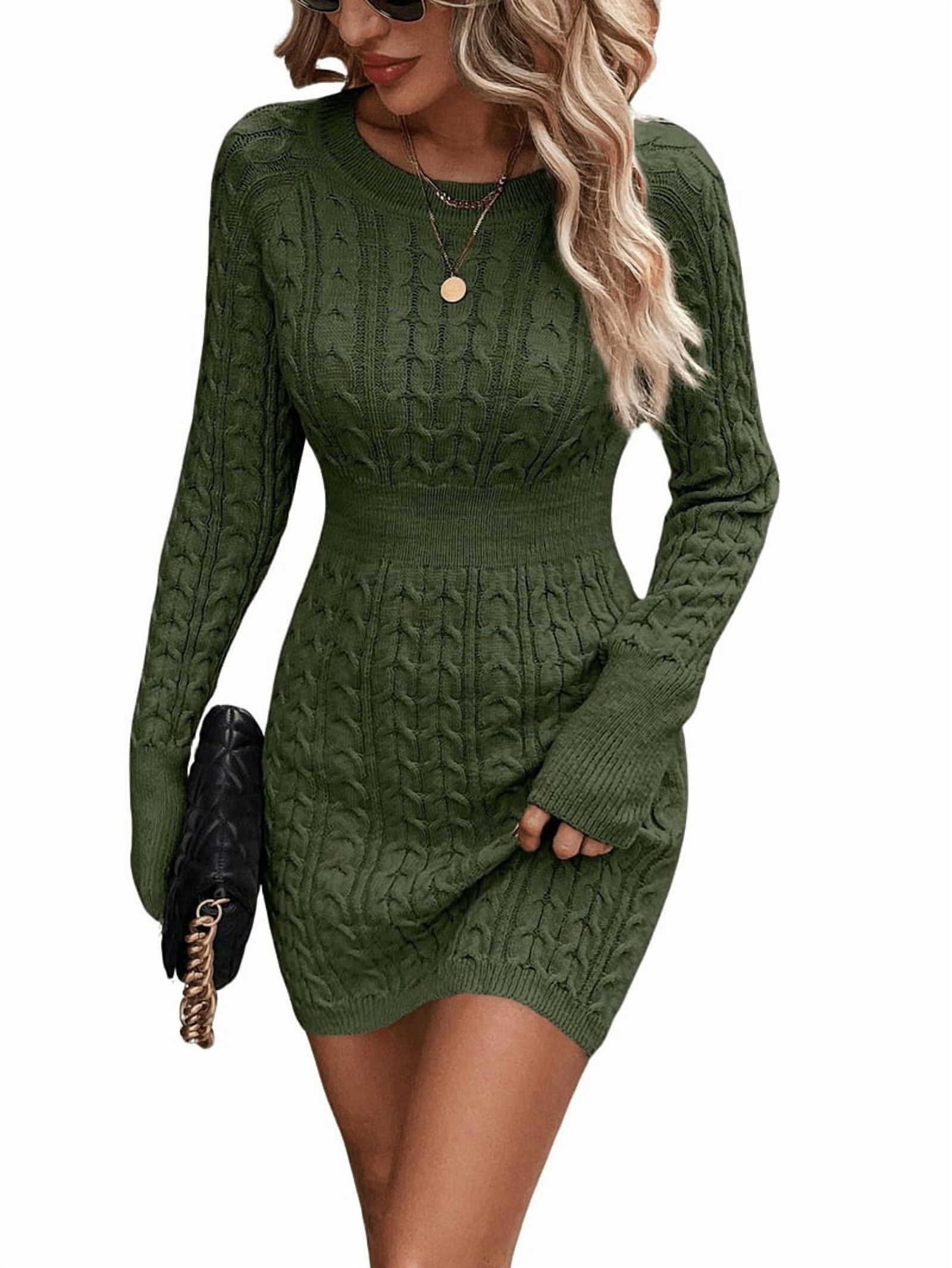 Women'S Cable Knit Sweater Dress Long Sleeve Knit Fall Winter Dresses Crewneck Mini Pencil Dresses Army Green S