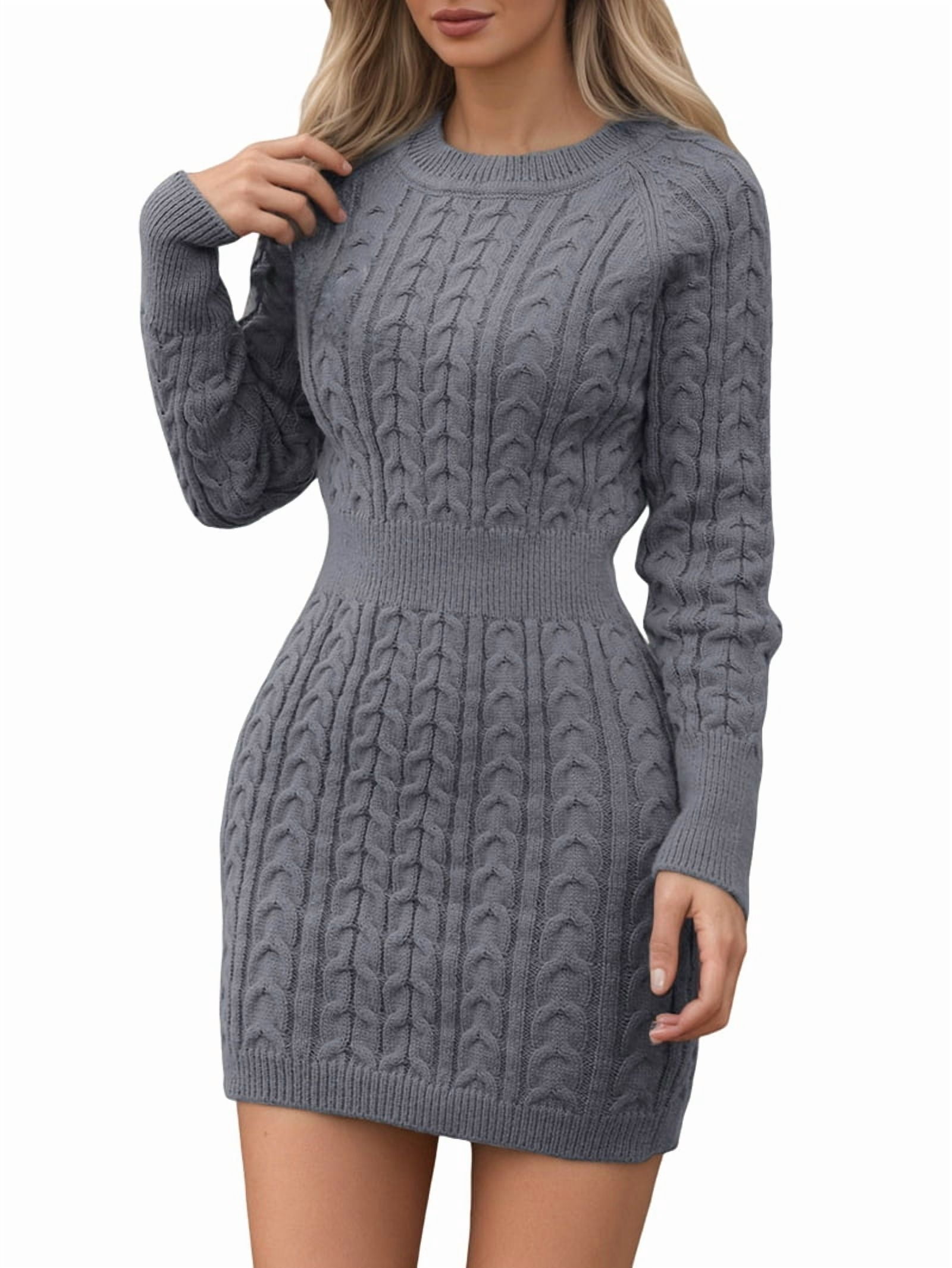 Women'S Cable Knit Sweater Dress Long Sleeve Knit Fall Winter Dresses Crewneck Mini Pencil Dresses Grey XL