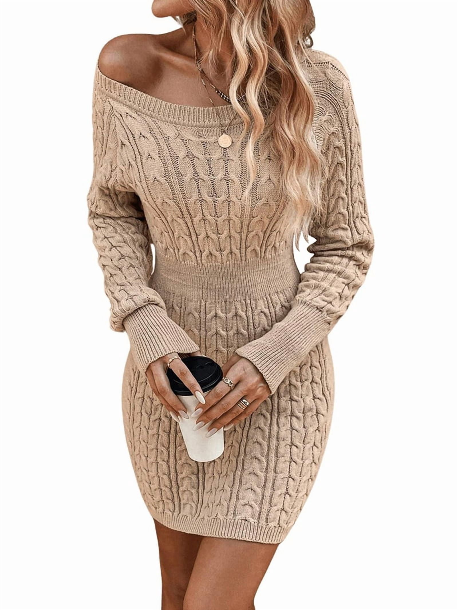 Women'S Cable Knit Sweater Dress Long Sleeve Knit Fall Winter Dresses Crewneck Mini Pencil Dresses Khaki M