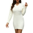 thumbnail image 1 of Women'S Cable Knit Sweater Dress Long Sleeve Knit Fall Winter Dresses Crewneck Mini Pencil Dresses White L, 1 of 9