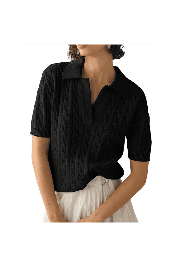 Women'S Cable Short Sleeve Sweaters Tops Solid Lapel V Neck Knit Casual Soft Pullover Shirt Black S