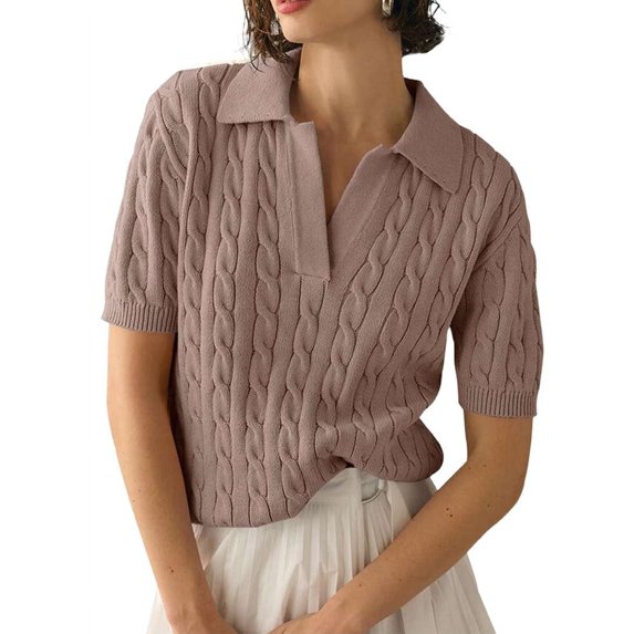 Women'S Cable Short Sleeve Sweaters Tops Solid Lapel V Neck Knit Casual Soft Pullover Shirt Camel S