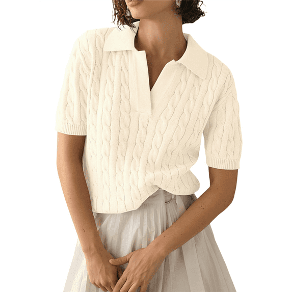 Women'S Cable Short Sleeve Sweaters Tops Solid Lapel V Neck Knit Casual Soft Pullover Shirt Grey White S