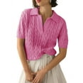 thumbnail image 1 of Women'S Cable Short Sleeve Sweaters Tops Solid Lapel V Neck Knit Casual Soft Pullover Shirt Pink L, 1 of 6