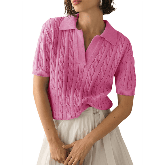 Women'S Cable Short Sleeve Sweaters Tops Solid Lapel V Neck Knit Casual Soft Pullover Shirt Pink M
