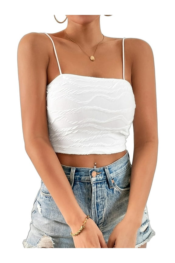 Women'S Camisole Racer Back Double Layer Cropped Spaghetti Straps Ruched Mini Club Top White XL