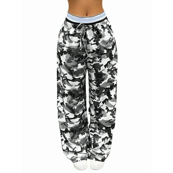 Women'S Camo Palazzo Lounge Pants Patched Elastic Waist Casual Loose Trousers Gray M