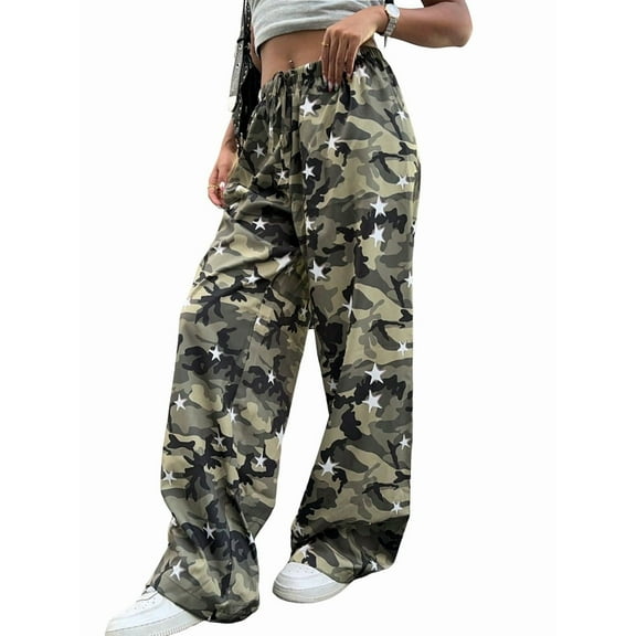 Women'S Camo Palazzo Lounge Pants Patched Elastic Waist Casual Loose Trousers Green S