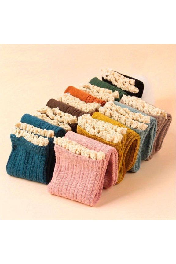 Women'S Candy Color Lace Trim Mid-Calf Socks - Soft Ribbed Texture, Solid Color, Versatile for Casual & Formal Wear, Hand Wash/Dry Clean, Cute Socks, Everyday Footwear, Playful Design