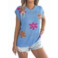 thumbnail image 1 of Women'S Cap Sleeve Floral Short Sleeve Sweater Crew Neck Casual Knit Pullover Tops Blue M, 1 of 10