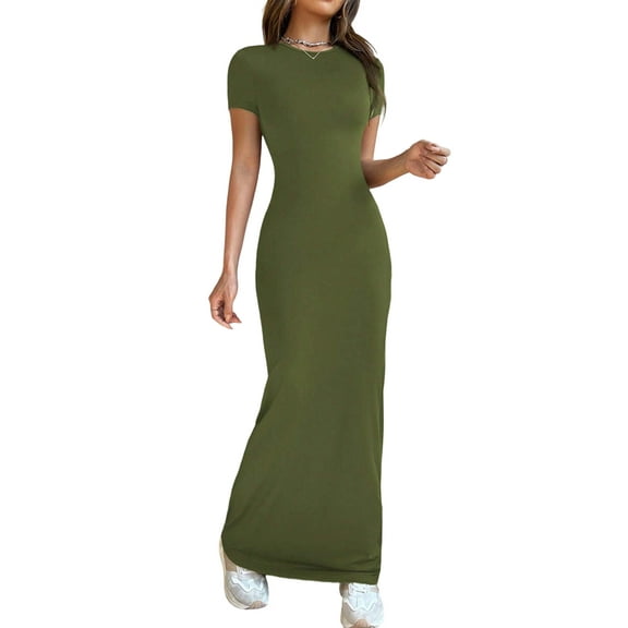 Women'S Cap Sleeve Round Neck Elegant Casual Bodycon Dress Slim Fit Long Evening Maxi Dress Army Green XXL