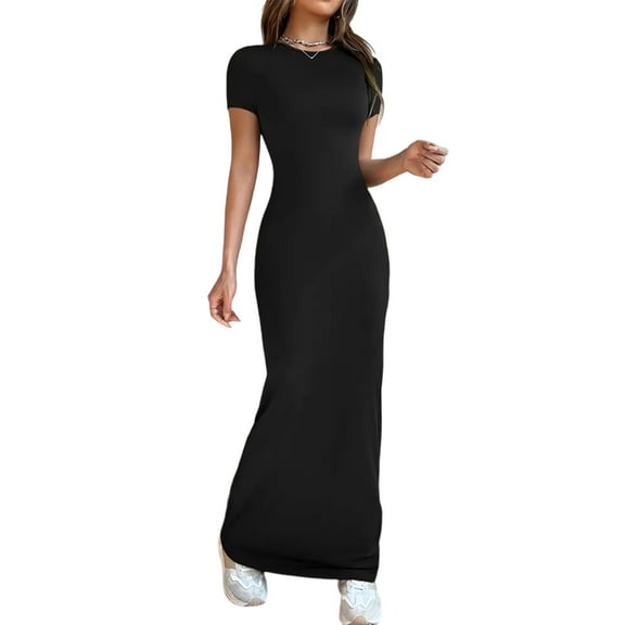 Women'S Cap Sleeve Round Neck Elegant Casual Bodycon Dress Slim Fit Long Evening Maxi Dress Black M