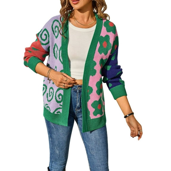 Women'S Cardigan Sweater Flower Dotted Mixed Print Colorblock Cardigan Patchwork Long Sleeve Outwear Green XL