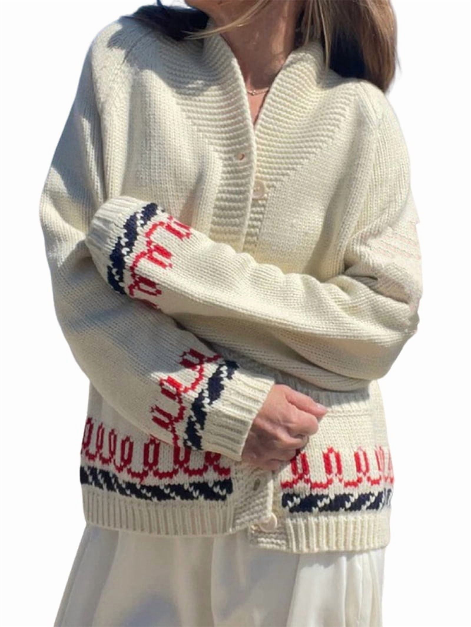 Women'S Cardigan Sweater Lobster Print Embroidered V-Neck Long