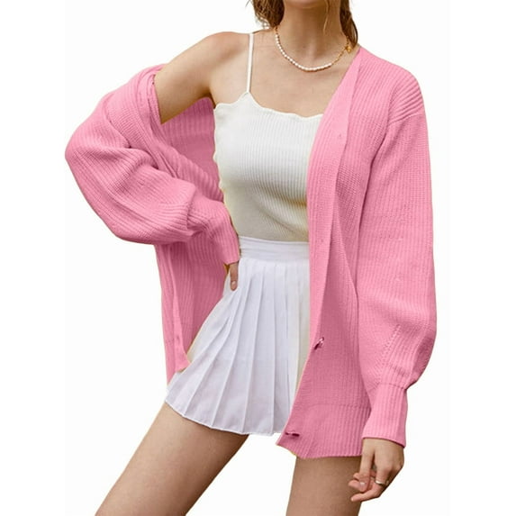Women'S Cardigan Sweaters Fall Open Front Oversized Button V Neck Loose Soft Knit Outwear Pink S