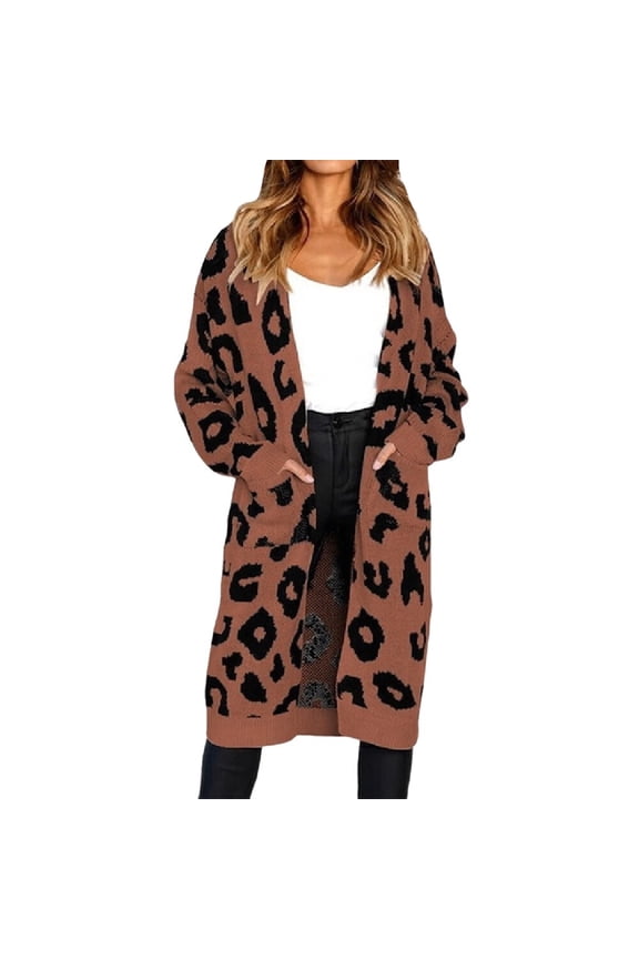 Women'S Cardigan Sweaters Leopard Long Sleeve Open Front Outwear Fall Winter Loose Knit Cheetah Long Cardigan Brown M