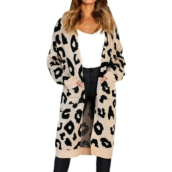 Women'S Cardigan Sweaters Leopard Long Sleeve Open Front Outwear Fall Winter Loose Knit Cheetah Long Cardigan Khaki XXL