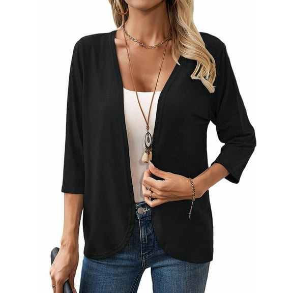 Women'S Cardigan Tops Three-Quarter Sleeves Solid Color Casual Small Jacket Female 2025 Black XL