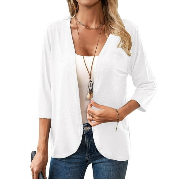 Women'S Cardigan Tops Three-Quarter Sleeves Solid Color Casual Small Jacket Female 2025 White M