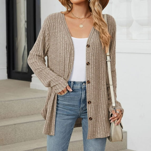 Cardigan Sweaters For Women Lightweight Clearance Casual Basic Sweater Soft Fall Solid Button Down Sweater Khaki XL