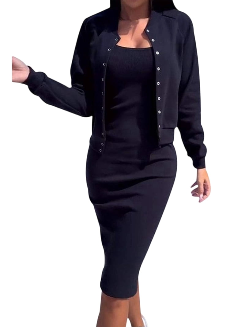Women'S Casual 2 Piece Outfit Sleeveless Bodycon Midi Dress and Long Sleeve  Jacket Pencil Dress Lounge Sets Black M - Walmart.com
