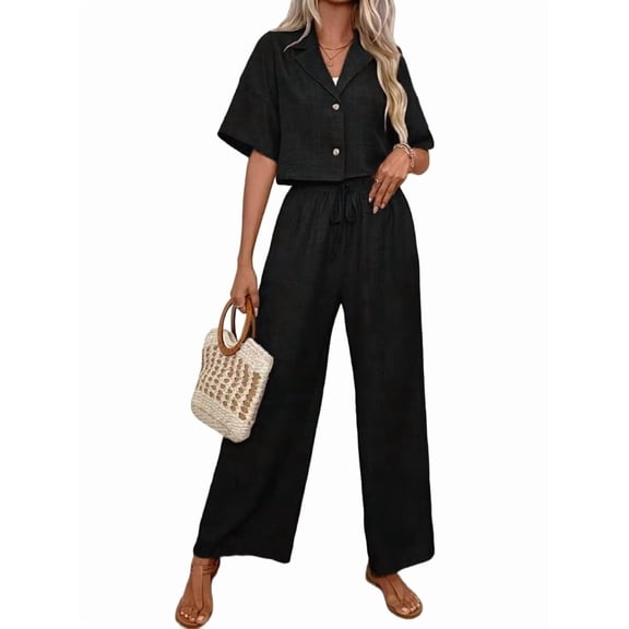 Women'S Casual 2 Piece Set V-Neck Short-Sleeved Tops Straight Wide Leg Pants Outfit Black XL