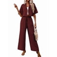thumbnail image 1 of Women'S Casual 2 Piece Set V-Neck Short-Sleeved Tops Straight Wide Leg Pants Outfit Deep Red M, 1 of 9