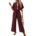 thumbnail image 1 of Women'S Casual 2 Piece Set V-Neck Short-Sleeved Tops Straight Wide Leg Pants Outfit Deep Red XL, 1 of 9