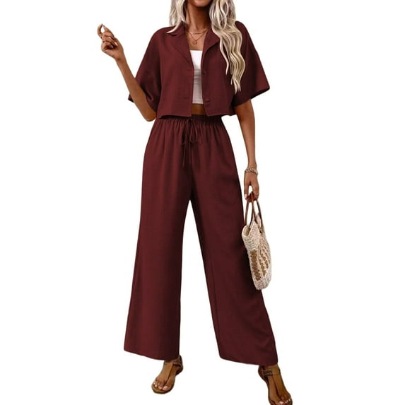 Women'S Casual 2 Piece Set V-Neck Short-Sleeved Tops Straight Wide Leg Pants Outfit Deep Red XL