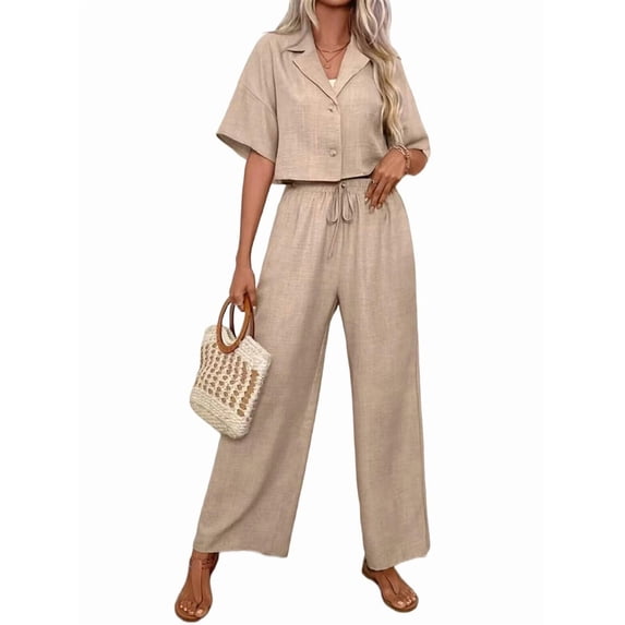 Women'S Casual 2 Piece Set V-Neck Short-Sleeved Tops Straight Wide Leg Pants Outfit Khaki S