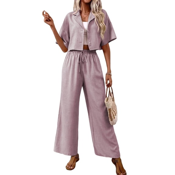 Women'S Casual 2 Piece Set V-Neck Short-Sleeved Tops Straight Wide Leg Pants Outfit Lotus Root Color L