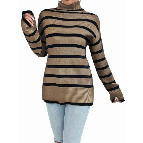 Women'S Casual Autumn Winter Long Sleeve Color Block Striped Knit Pullover Cozy Sweater Brown  M